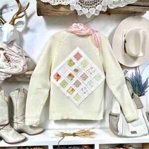 Farmhouse patchwork boho cable knit sweater w prairie granny cabin vibe